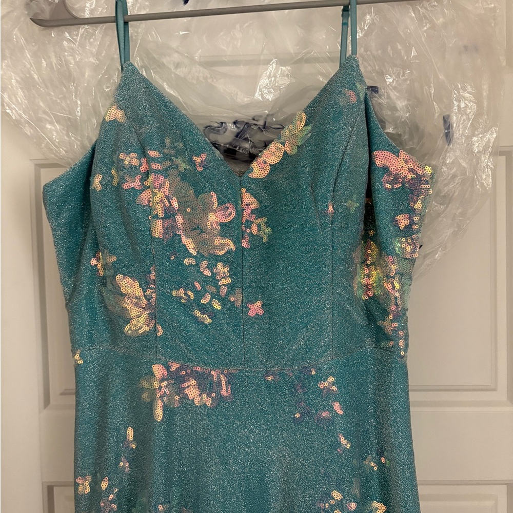 Blue sparkly flower sequin full length dress